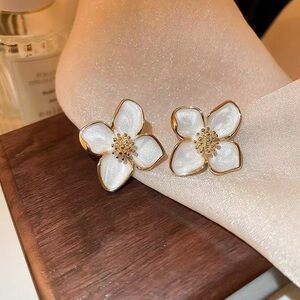 Gold and White Floral Earrings